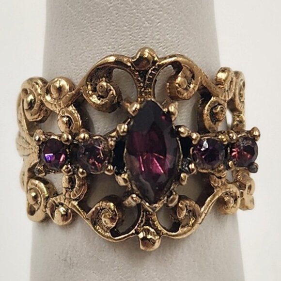 Gold Plat Filigree Ring Bohemian Ruby Crystals Open Shank Opens 6 to 7 and 8 - Picture 1 of 6